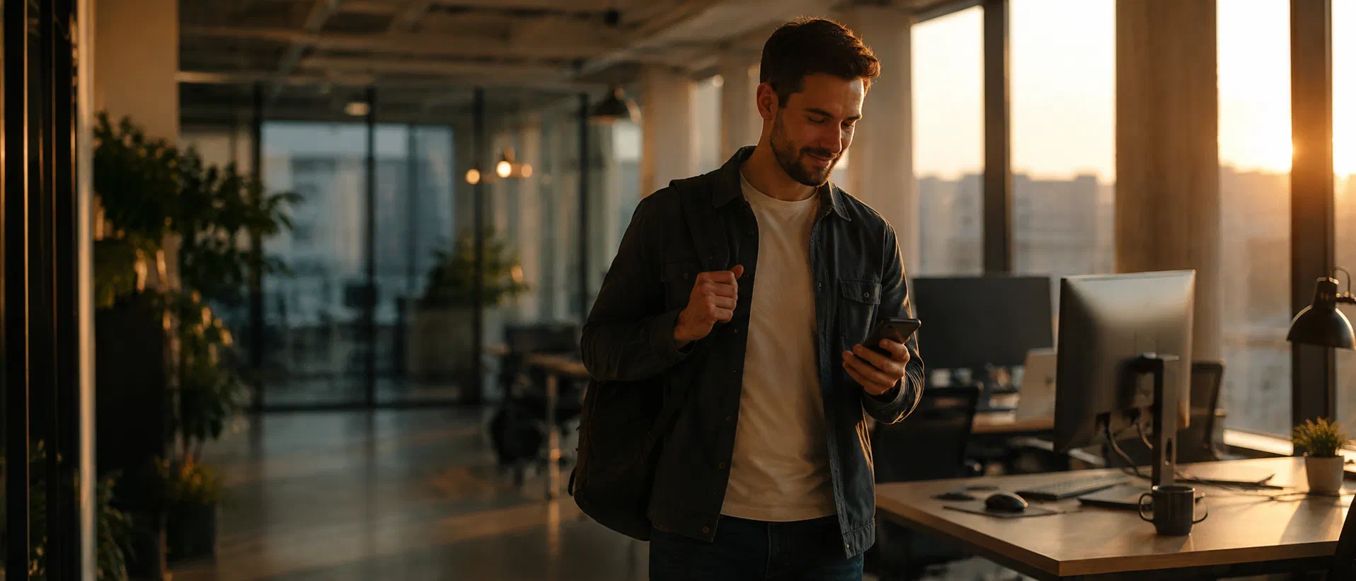An IT manager checking a backup alert on their phone in the office at dusk